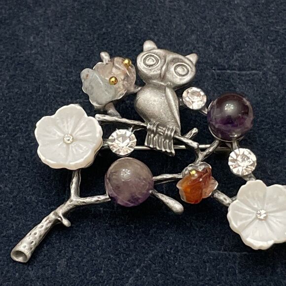 Owl On A Branch Brooch Natural Stone Flower Hijab Pin Costume Jewellery - Picture 3 of 9